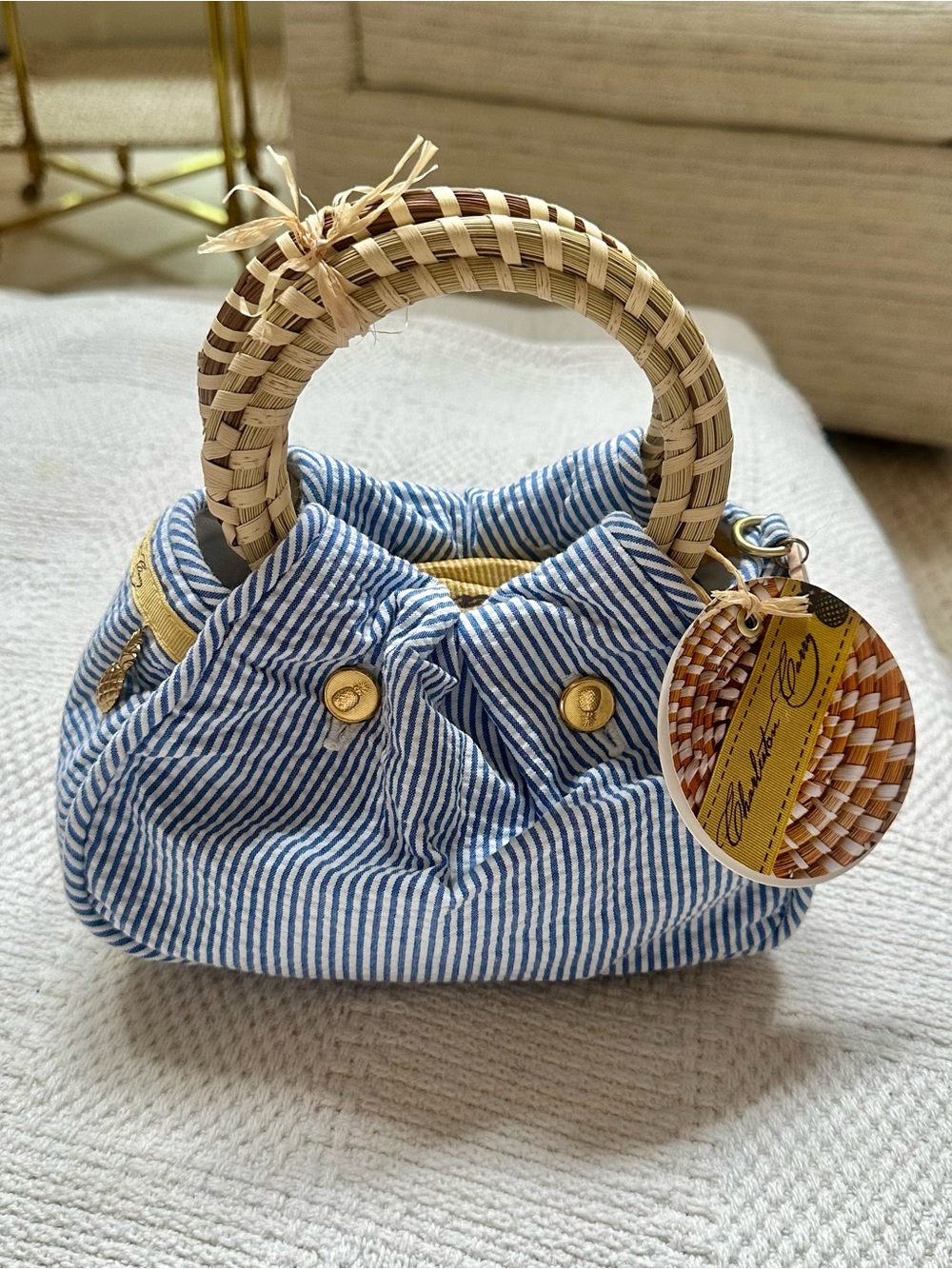 Charleston Carry Blue & White Reversible Woven Sweetgrass Handle Women’s Handbag